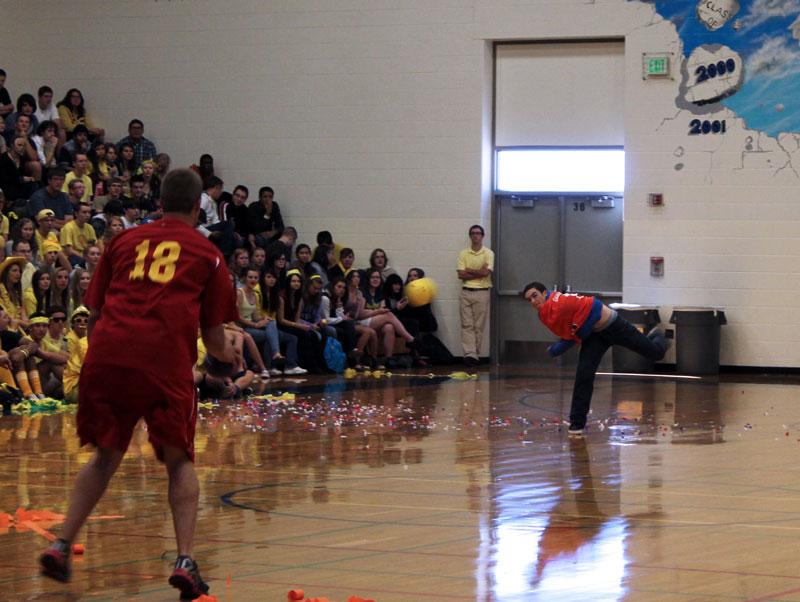 Junior, Phelan Castelano, leads his class to victory in the final dodge ball game against the seniors.  