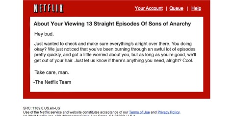 "Netflix Sends Message To Check If Area Man Okay After Watching Entire Season Of 'Sons Of Anarchy' In  Single Sitting." The Onion. N.p., 01 Mar. 2013. Web. 29 Apr. 2014.