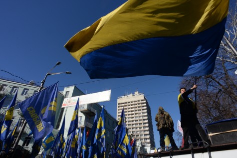 Proteser waving state flag of Ukraine expressing his support. Clashes in Kyiv, Ukraine. Events of February 18, 2014.