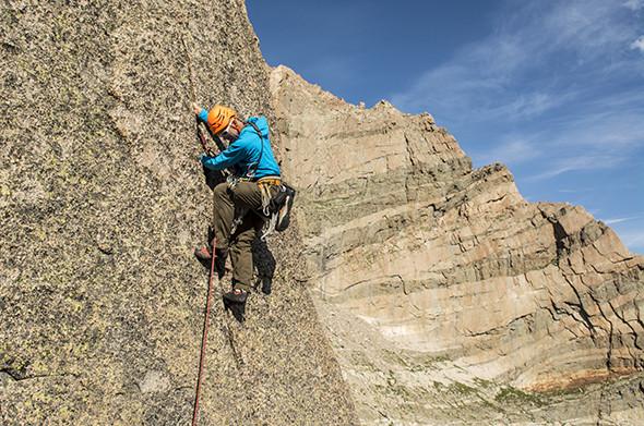 A man rock climbing in Rocky Mountain National Park, Estes Park, Colorado.