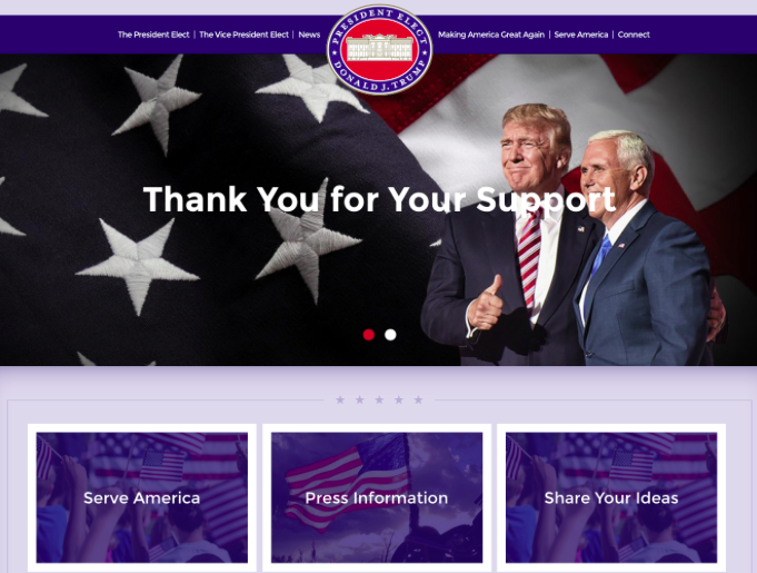 Donald J Trumps website thanking his supports and his VP. Photo used via wikimedia under the Creative Commons. ( https://en.wikipedia.org/wiki/Presidential_transition_of_Donald_Trump )