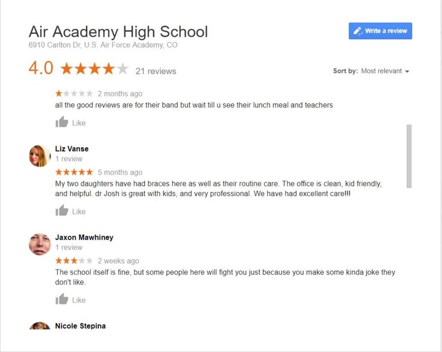 Air Academy High School 4/5 stars on Google Reviews