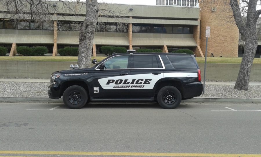 Colorado Springs Police SUV sitting outside of Pikes Peak Community college, showing the increased securities on campuses.