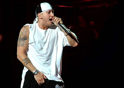 Legendary Detroit rapper Eminem performs  at  his 2003 Anger Management Tour. Image courtesy of Scott Kinmartin, Flickr 