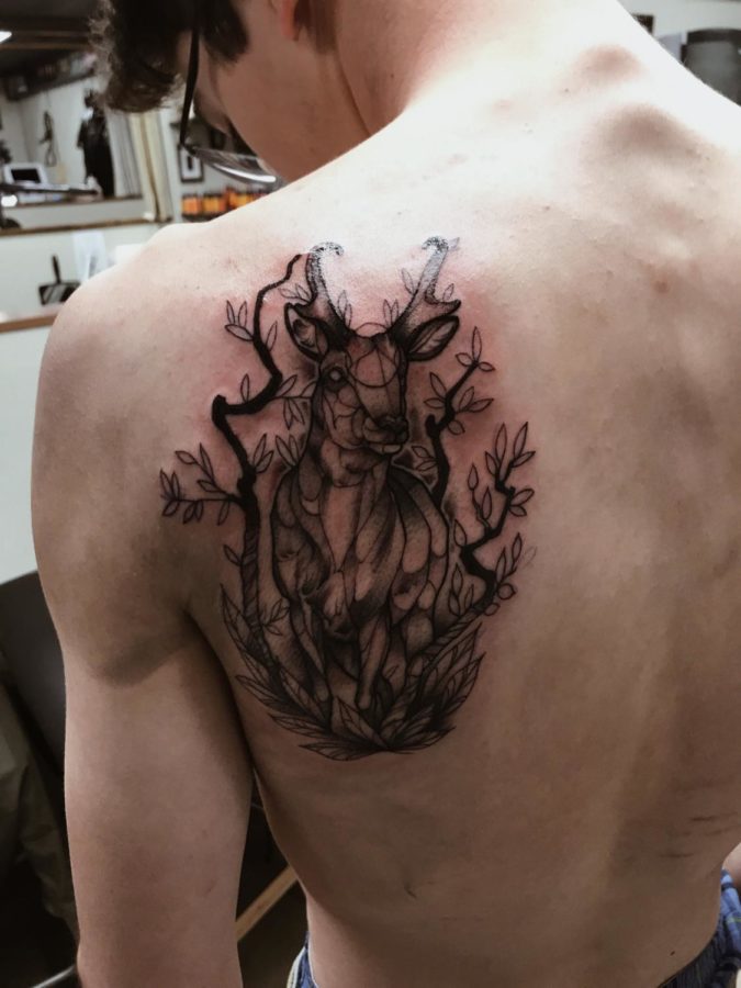 Junior Leven McCulloughs favorite tattoo, a pronghorn on his back.