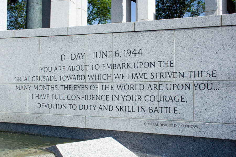 A stone wall at the World War ll Memorial, which has Dwight D. Eisenhower quote. (Labled for reuse).