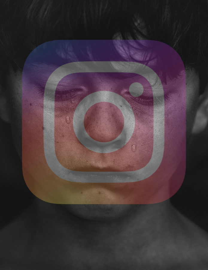 Boy cries while remembering life with social media. The image of the boy crying is labeled for reuse with modification by Unsplash. The image of the Instagram icon  is labeled for reuse with modification by Wikimedia Commons.