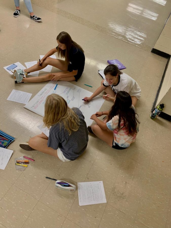 Seniors Gabi Robinson, Molly Matheson, Mary Waterman, and Brandy Beisinger all sit in the hallway and work on a project for one of their AP classes.