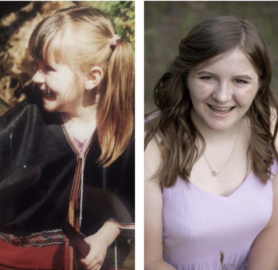 Side by side picture of Emily Nelson. On the left she is 6 years old and on the right she is posing for her senior picture. 