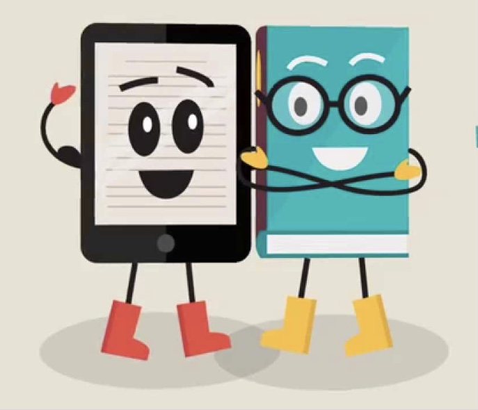  A tablet and a book hug in a cute cartoon. Labeled for reuse by creative commons.