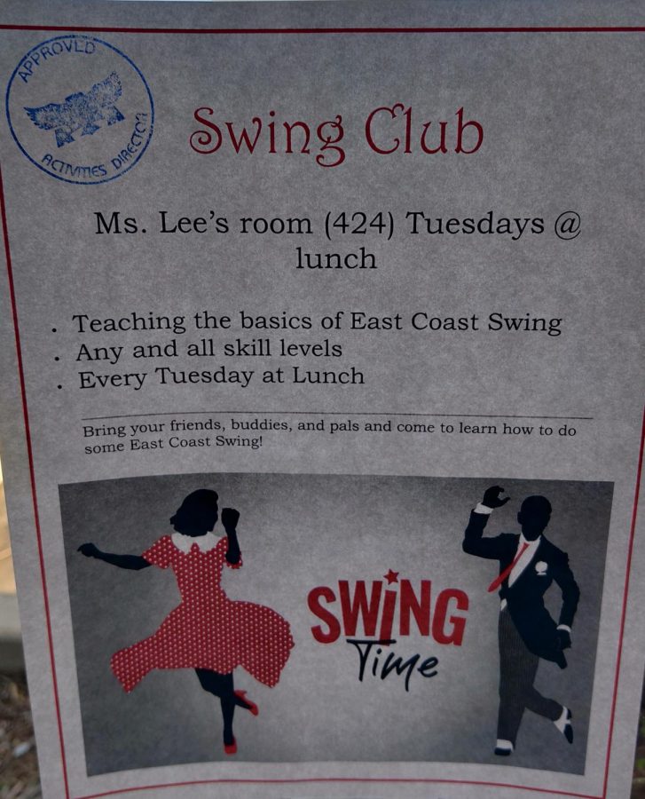 Swing Dance Club poster explaining time, room number, and general information