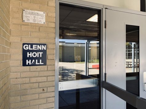 The entrance to B building is labeled as Glenn Hoit hall to remember the legacy of a former educator. 