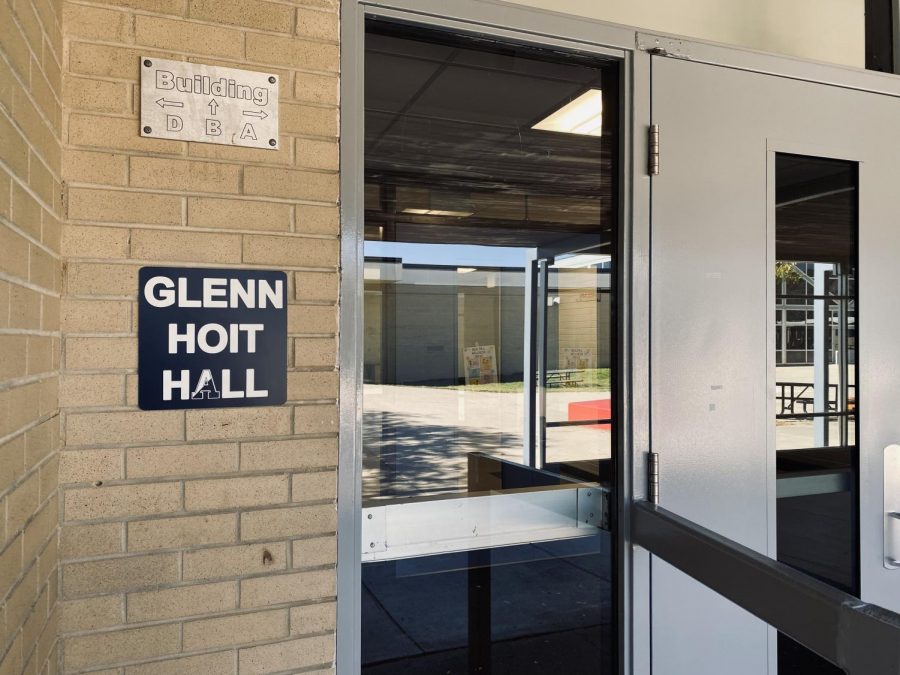 The+entrance+to+B+building+is+labeled+as+Glenn+Hoit+hall+to+remember+the+legacy+of+a+former+educator.+