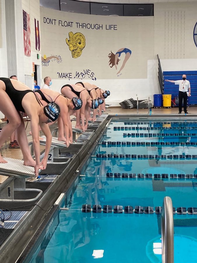 The swim team about to dive off!! Photo taken by Mike Evers