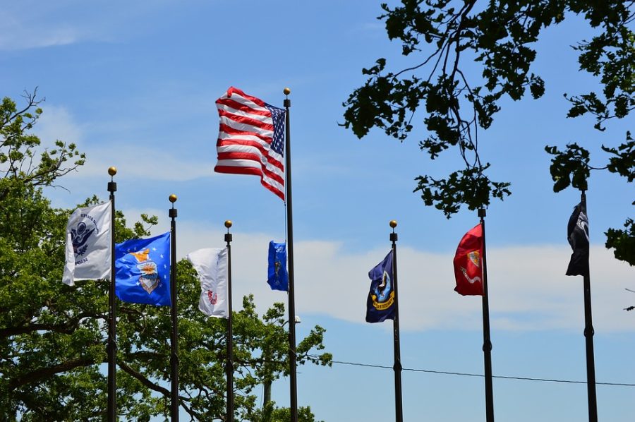American military branch flags sway in the wind, along with the American flag.