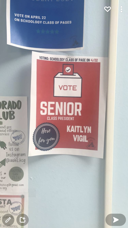 This poster showing the name of Kaitlyn Vigil running for class present in the stuco elections. 